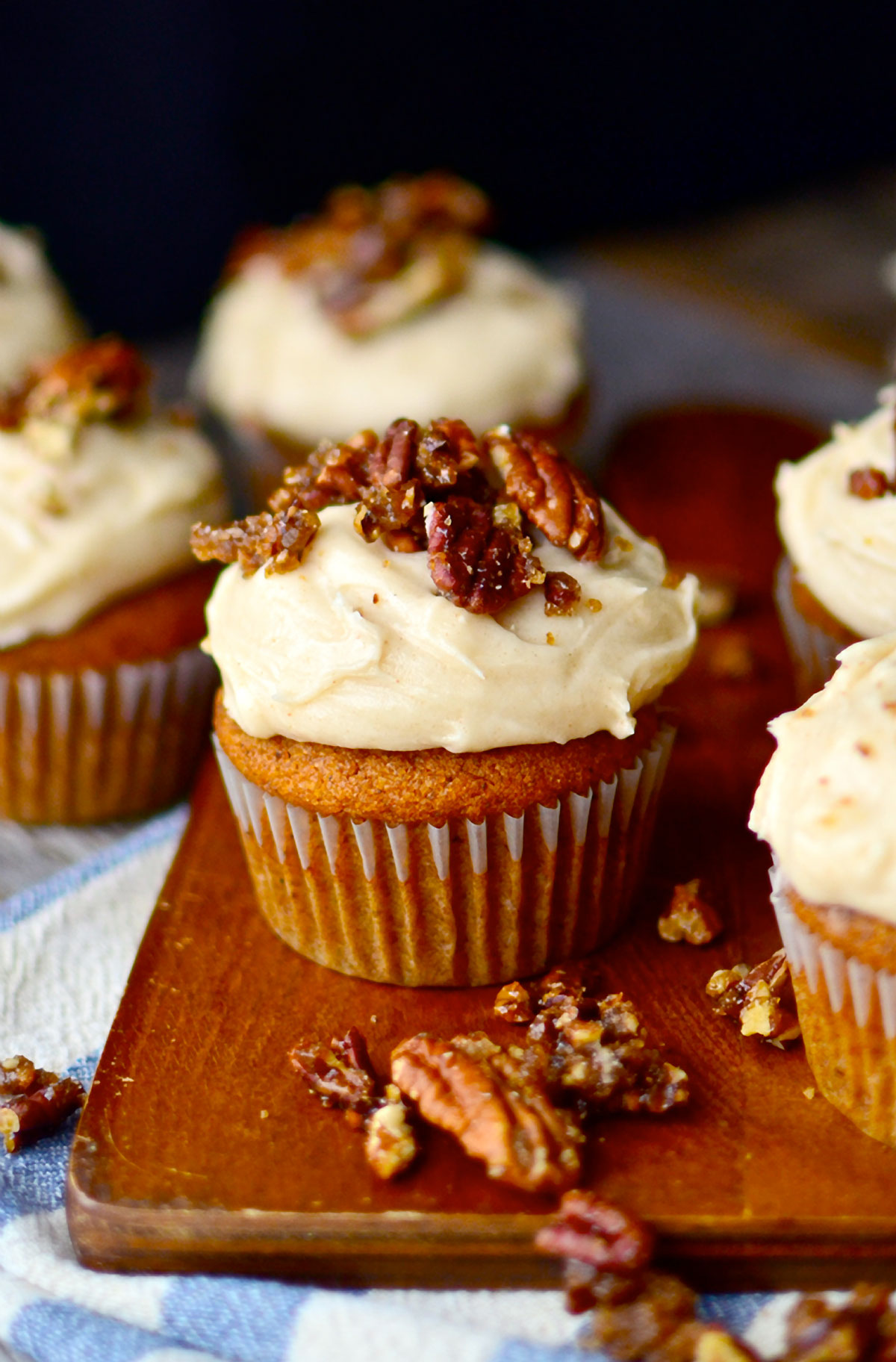 Pumpkin Cupcakes with Browned Butter Cream Cheese Frosting and Sugared Pecans