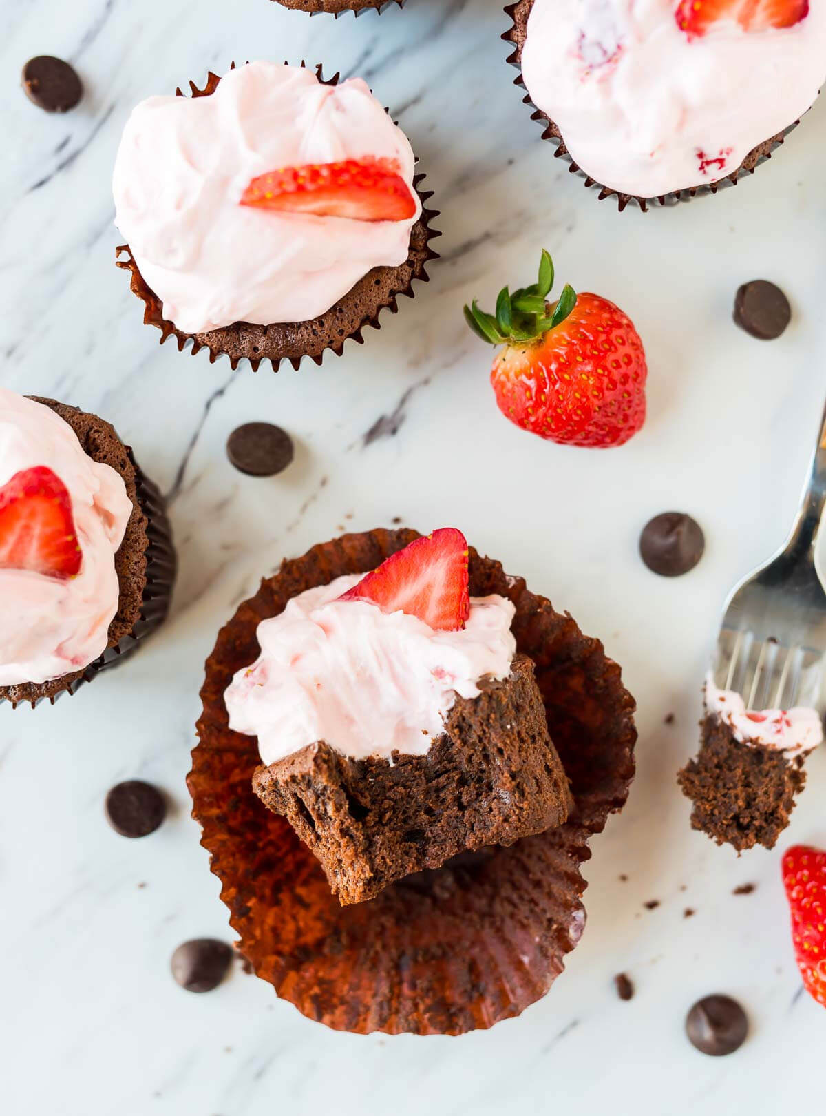 Chocolate Mousse Cupcakes with Whipped Strawberry Cream Cheese Frosting