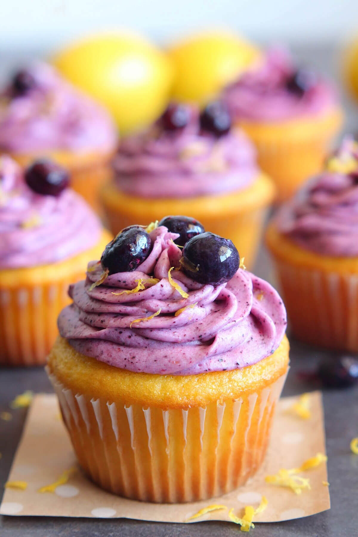 Triple Lemon Cupcakes with Blueberry Frosting